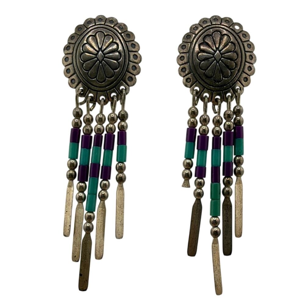 Vintage Southwestern Sterling Silver Flower Dangle Earrings